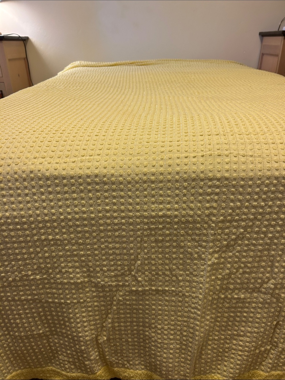 VTG Canary Yellow Queen/Double Pop Chenille & Silver Metallic Bedspread 91”x108”